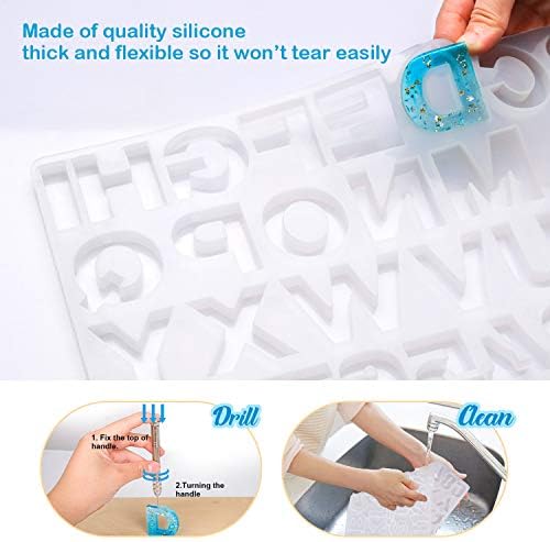 Mocoosy 134Pcs Alphabet Keychain Resin Molds Kit, Reversed Letter Number Silicone Mold Epoxy Resin Casting Molds Key Chain Making Set with 1 Hand Drill 2 Drill Bits 30 Key Rings 100 Screw Pin