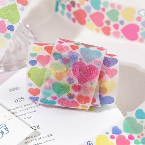 Colorful Gradient Heart Circle Flower Star PET Tape Stickers For Journaling Pre Cut Hearts Circles Stars Flowers PET Washi Tape Set Junk Journal Decorative Floral Circular Stickers Scrapbook Supplies