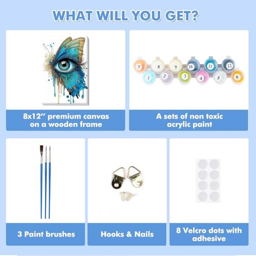 Bowetile Framed Paint by Numbers Eyes Kit for Adults, Adults' Paint-by-Number Kits on Canvas, Painting by Numbers Butterfly, Acrylic Number Painting Gifts for Home Wall Decor, 8x12in