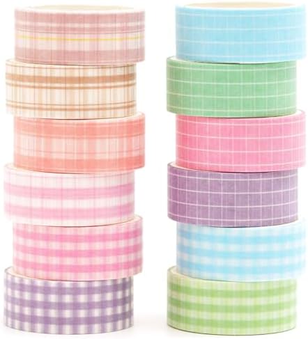 12 Rolls Grid Washi Tape Set Plaid Arts Adhesive Tapes Basic Patterns Decorative Masking Tape Sets for Craft, Kids, Scrapbook, DIY, Gift Wrapping (Style Four)