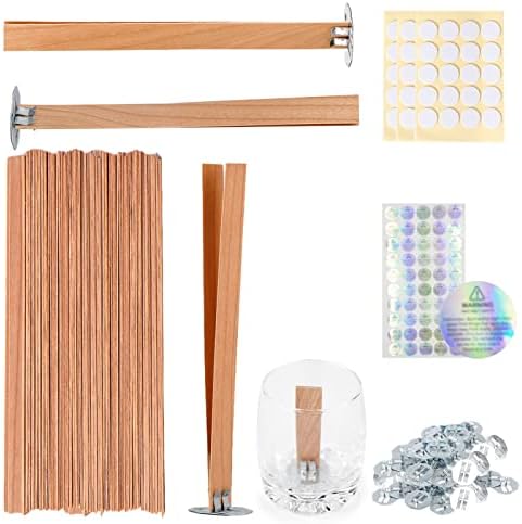 Smokeless Cherry Wood Candle Wicks Set, 100 PCS | Long Lasting Flame, Easily Burn, Candle Cores with Stand and Glue Dot, Warning Label for DIY Candle Making