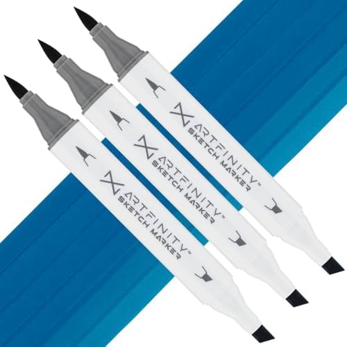 Artfinity Sketch Markers - Set of 3 - Cyanine Blue B1-7, Vibrant, Professional, Dye-Based Alcohol Markers for Artists, Drawing, Travel, & More
