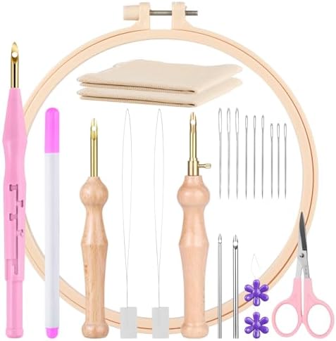 MSDADA 21PC Punch Needle Kit, Adjustable Punch Needle Tool, Wooden Handle Embroidery Pen Kits, Hoops, Cloth, Punch Needle Set Adults Beginner for DIY Craft, Perfect for Decoration and Gifts（Pink）