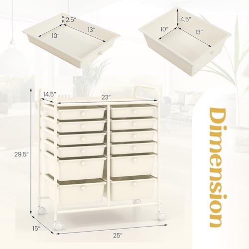 LDAILY 12 Drawer Rolling Storage Cart, Craft Cart Organizer on Wheels w/Metal Frame, Large Capacity & Smooth Drawer, Rolling Cart w/Drawers for Classroom, Office