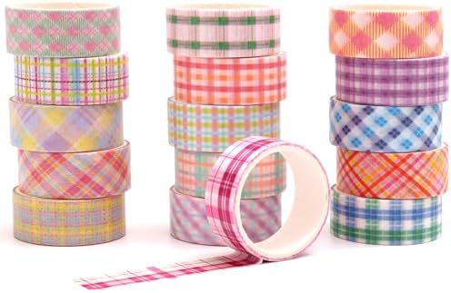 Colorful Plaid Washi Tape Set 16 Rolls Basic Grid Decorative Masking Tapes for Arts, DIY Crafts, Journals, Planners, Scrapbook, Wrapping (Candy Plaid)