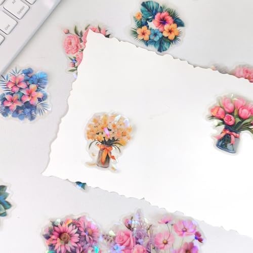 Ychsring Sparkly Botanical Floral Stickers - 50 Pcs Clear PET Glitter Nature Plant Flower Stickers for Scrapbooking, Journal, Collage - Holographic Transparent for Resin, Craft, Scrapbook Supplies