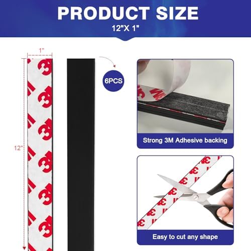 Magnetic Tape Strips with Strong Adhesive Backing (6 Pack, 12" x 1") Flexible Magnetic Strip Heavy Duty, Sticky Rubber Magnet Tape for Fridge Magnet, Tool Storage, Wall Holder, DIY Crafts