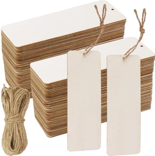 FSWCCK 50 Pcs 6 x 2 Inch Large Size Blank Wooden Gift Tags Labels Unfinished Wooden Book Markers Ornaments with Holes and Ropes for DIY Crafts, Wedding Birthday Party Decors