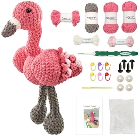 Noocro Flamingo Amigurumi Crochet Kit for Advanced Beginners & Intermediate, DIY Crochet Animal Plushie Kit with Soft Chenille Yarn, Hook, Stuffing & Instructions – Fun Craft Gift