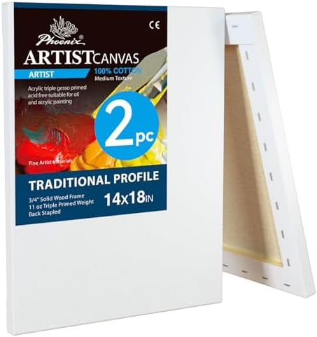 PHOENIX 14x18 Inch 2 Pack Artist Canvas - Large Stretched Canvases for Painting - 3/4 Inch Profile, 100% Cotton 11 Oz. Gesso Primed White Blank Professional Canvas Oil & Acrylic Paints