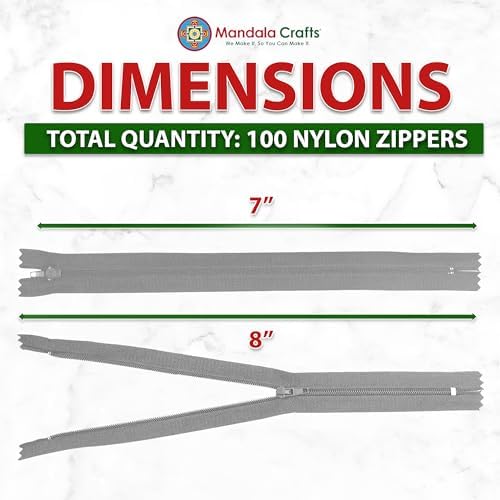 Mandala Crafts 100 PCs Gray Closed-End 7 Inches Nylon Zippers for Sewing
