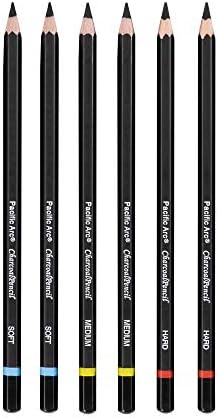 Pacific Arc Premium Charcoal Drawing Pencils for Artists - 6 pieces Soft Medium and Hard - Charcoal Pencils for Drawing, Sketching and Shading - Great Non Toxic Art Supplies Set