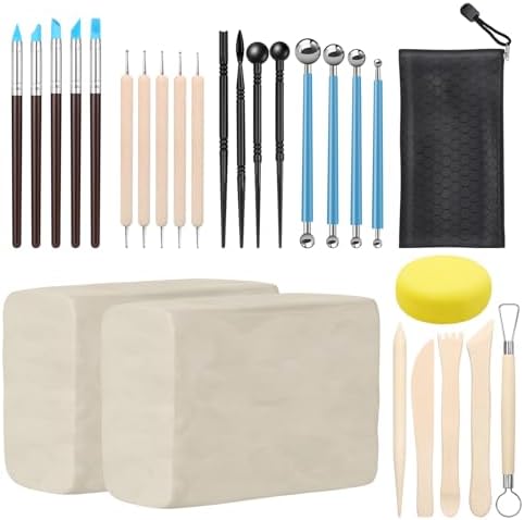 ZEHIQ White Air Dry Clay 2.2 lbs with 25pcs Pottery Sculpting Tools Set | Natural Modeling Clay, Pottery Wheel & Hand Building, DIY Craft Projects, Perfect for Beginners and Professional artists