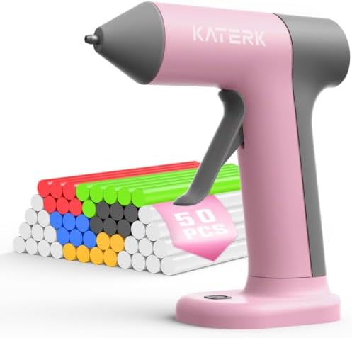 Katerk Cordless Hot Glue Gun, 50 Mini Glue Sticks, Rechargeable, Pink