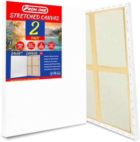 2-Pack 24x36 Stretched Canvas 13.4oz Warp-Resistant for Oil & Acrylic | (380gsm) triple gesso primed, warp-resistant, large pre-stretched canvas for gallery-quality art