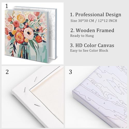 Natuyalo Paint by Numbers Kit for Adults Framed - Colorful Flowers Paint by Number on Canvas with Frame, Vase DIY Acrylic Painting by Number Ideal Gift Home Wall Decor (12x12 Inch)