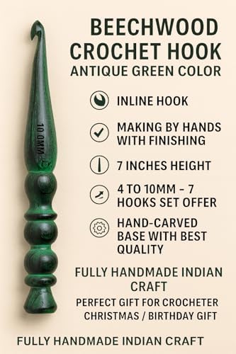 Handmade Ergonomic Wooden Crochet Hooks for Arthritic Hands (Set of 7) Needles for Yarn Accessories | Size 4 mm to 10 mm with Engraved | Yarn Tool (Green)