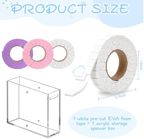 Double Sided Foam Tape Squares 0.75 X 0.5 Pre Cut Foam Adhesive Squares Roll with Acrylic Storage Box 3D Foam Tape for Crafts Arts Sewing DIY Office Supplies (Tape+Box, White)