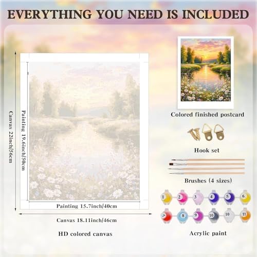 Alptiny Paint by Numbers Kit for Adults, Riverside Sunset Landscape Paint by Number Kit on Canvas, Countryside River & Wildflowers Oil Painting for Gift, Home Wall Decor 16x20 Inch