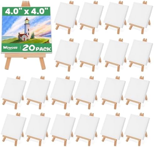 20 Pack Mini Stretched Canvas with Wooden Easel, 4x4 Inch, Art Primed Canvases for Kids Painting, Acrylic Pouring, Oil Paint & Wet Art Media