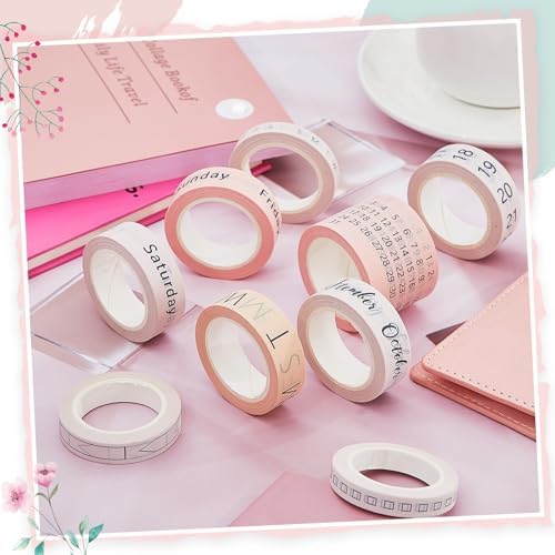Chuangdi 9 Rolls Calendar Washi Tape Set,Light Brown, Beige, Pink | Vintage Day Week Month Date Number Calendar Washi for Journaling, Planner Decoration, Journal Labels, Arts Crafts