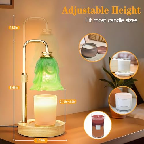 XJZJY Green Flower Candle Warmer Lamp with Timer, Birthday Gifts for Women | Dimmable wax melt warmer with 2 bulbs for jar candles, height adjustable, Green tulip design, home decor, housewarming gifts