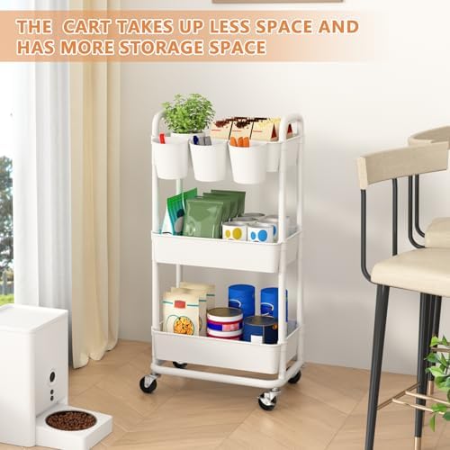 JIUYOTREE 3-Tier Plastic Rolling Storage Cart Utility Cart with Extra Hanging Cups Handles Lockable Wheels for Living Room Bathroom Kitchen Office White
