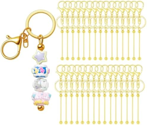 RQAYE 30pcs Beadable Keychains Keychain Bulk kit Cute Blank Bead Keychain Strip DIY Men's and Women's Making Supplies Crafts, Jewelry, Bag Accessories, Customized Project Gifts (Gold)
