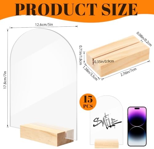 Bercoor 15 Pack 5x7 Inch Blank Clear Arch Acrylic Sign with Wooden Stands, Arched Round Top Acrylic Sheet, DIY Acrylic Arch Table Numbers for DIY Name Card Gifts Event Party Sign Decoration