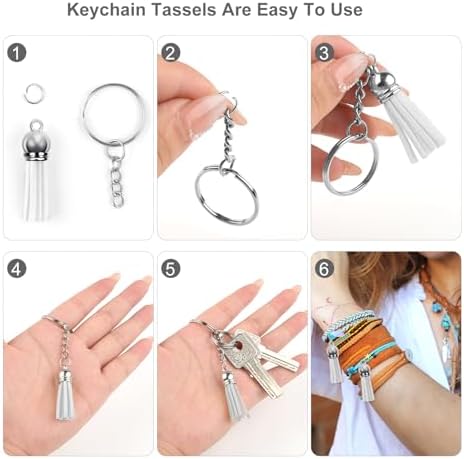 Tassels for Jewelry Making 150 Pieces White Leather Tassels Bulk 38mm Silver Cap Keychain Charms with 50pcs Jump Rings for DIY Jewelry Keychain Blanks Bracelet Crafting Supplies