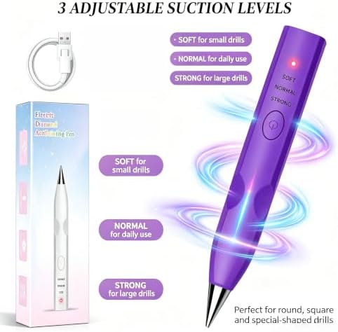 MKLAYB Electric Diamond Drawing Pen Kit, 3 Adjustable Suction Modes Rechargeable Vacuum Diamond Art Diamond Pen with 4 Replacement Heads, No Wax Required 5D Diamond Drawing Tool Accessories (Purple)