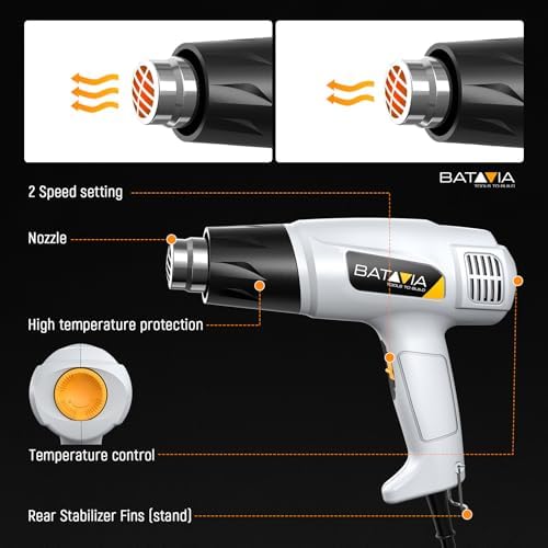 Heat Gun - BATAVIA Dual Protection Fuses 1800W Heavy Duty Fast Heat Hot Air Gun 122℉-1202℉ Variable Temperature Control Overheat Protection with 4 Nozzles for Crafts, Vinyl Wrap, Shrink Tubing