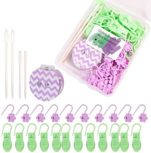 Knitting Loop Clip and Row Counter Set with Locking and Bulb Markers, Large-Eye Yarn Finishing Tools, Storage Case