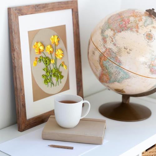 FONNUY Ribbon Embroidery 3D Flowers Pattern Design Kit Embroidery DIY Handwork Set Oval Home Decoration (Yellow Begonia)
