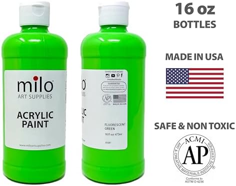 milo Fluorescent Acrylic Paint Set, 6 Neon UV Colors, 16 oz Bottles