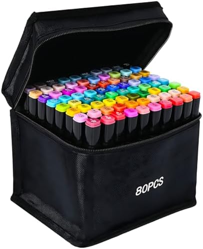 ZECHOMA 80 Colors Alcohol Markers Artist Drawing Art Dual Tip Markers Perfect for Kids Boys Girls Students Adult(80 Black Shell)