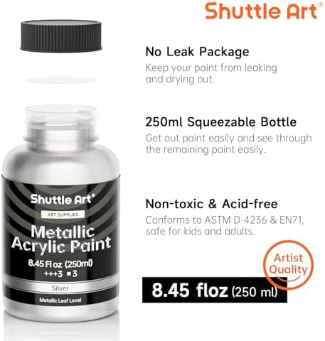 Shuttle Art Metallic Sliver Acrylic Paint, 8.45 oz (250 ml) Silver Leaf Paint With Brush, Non Toxic, Non Fading Silver Paint for Crafts, Metal, Wood, Clay, Ceramic, Canvas, Furniture
