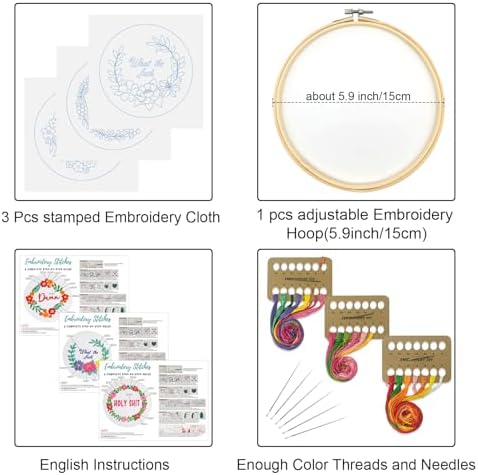 Louise Maelys 3 Pack Floral Quote Embroidery Kit for Beginners Craft