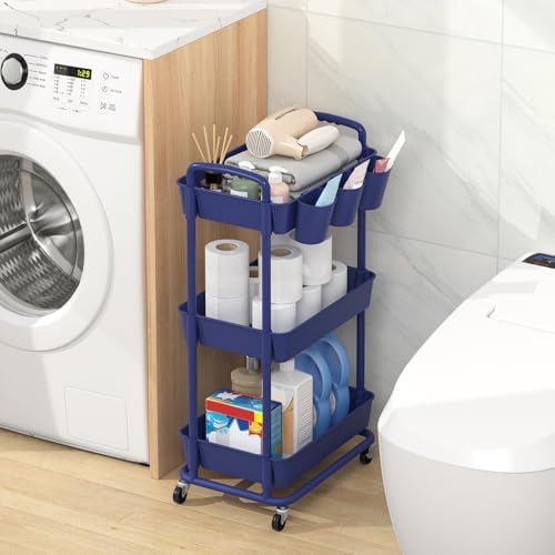 JIUYOTREE 3-Tier Plastic Rolling Storage Cart Utility Cart Blue