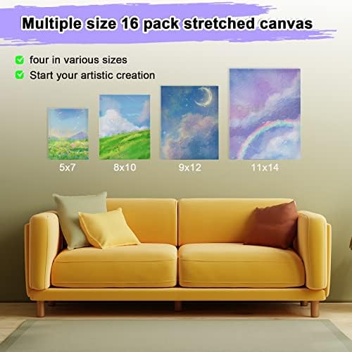 Inburit 16 PCS Multi Size Stretched Blank Canvas for Acrylic & Oil Painting | 16 Pack Blank Primed Cotton Canvas for Acrylic & Oil Paint, 5x7, 8x10, 9x12, 11x14 inches