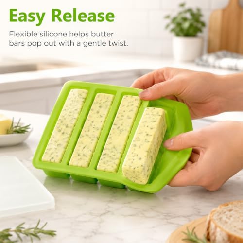 2Pcs Silicone Butter Mold with Lid, Non-Stick Silicone Butter Mold Tray with Scale Marking for Homemade Butter, Standard Size Mold for Soap Bar, Energy Bar, Cake, Chocolate (Green)