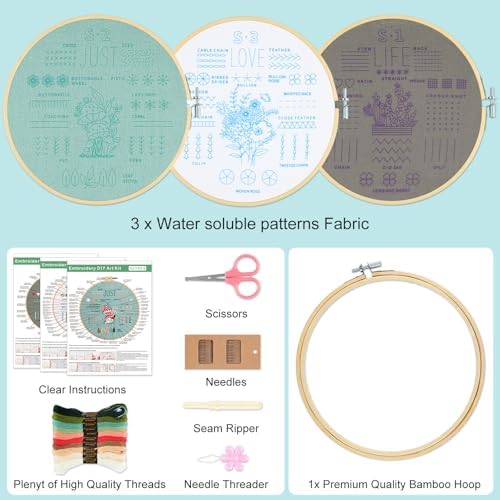 3 Sets Embroidery Kit for Beginners to Learn 36 Basic Embroidery Stitches Practice Kit,Hand Embroidery Cross Stitch Kits for Beginners with Embroidery Patterns, Hoop,Threads,Tools