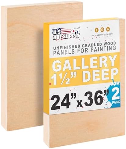 U.S. Art Supply 24" x 36" Unfinished Cradled Wood Panels for Painting | Gallery 1-1/2" Deep (2 Pack) - Artist Depth Wooden Wall Canvases - Mixed-Media Craft, Acrylic, Oil, Encaustic, Paint Pouring