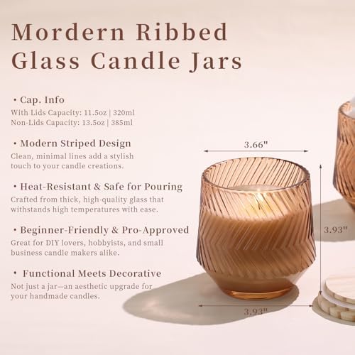 6 Pcs 13.5 OZ Terracotta Large Candle Jars for Making Candles, Ribbed Unique Candle Jars, Glass Jars with Wooden Lids and Labels for Candle Making Supplies, Container, Gift