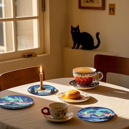 NEGEKFKX 8 Pcs Aurora Diamond Art Painting Coasters Kits,Landscape Coaster with Holder for Adults, Non-Slip DIY Dot Paint Craft Kits,5D Full Drill DIY Diamond Dot Gem Art Kit Home Decor Arts Craft