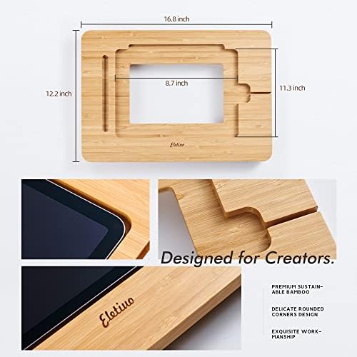 ELETIUO Upgraded Bamboo Wooden Drawing Ipad Holder with Pencil&Charger Cable Slot, Multi-Angle Adjustable Tablet Desktop,Foldable Portable Stand,Compatible with 12.9 inch ipad pro 3rd/4th/ 5th Gen