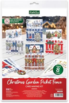 Katy Sue Christmas Garden Picket Fence Card Making Kit - 8 Shaped Cards, Die-Cut Embellishments, Background Scenes, Foam Pads, Instructions & 8 Envelopes for Christmas Card Making Supplies. UK-Made.