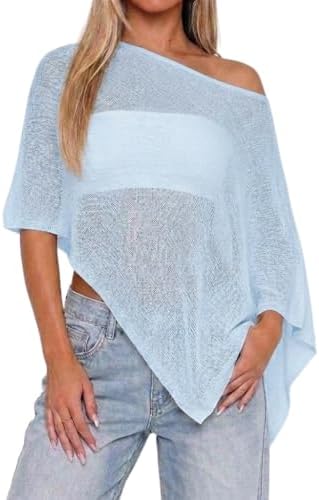 Womens Sheer Poncho Tops Lightweight Knitted Shrug Crochet Mesh Cover Up Summer Beach Shawl