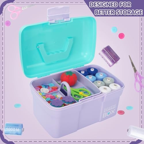 TERGOO 11in Mutipurpose Storage Box Organizer with Removable Tray, Portable Small Craft Organizer with Handle, Plastic Clear Tool Box Art Case for Makeup, Sewing, Nail, Hair Accessories (Purple Blue)