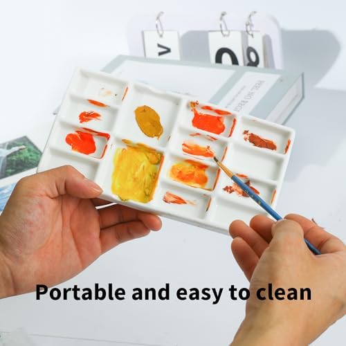 8" Porcelain Watercolor Palette - 14 Well Ceramic Artist Paint Palette with Mixing Tray for Painting and Craft Projects